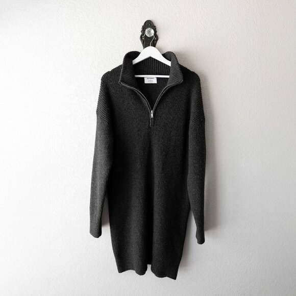 Old Navy Dress Sz L Dark Gray Knit 1/4 Zip Ribbed Long Sleeve Shift Recycled - Picture 2 of 8